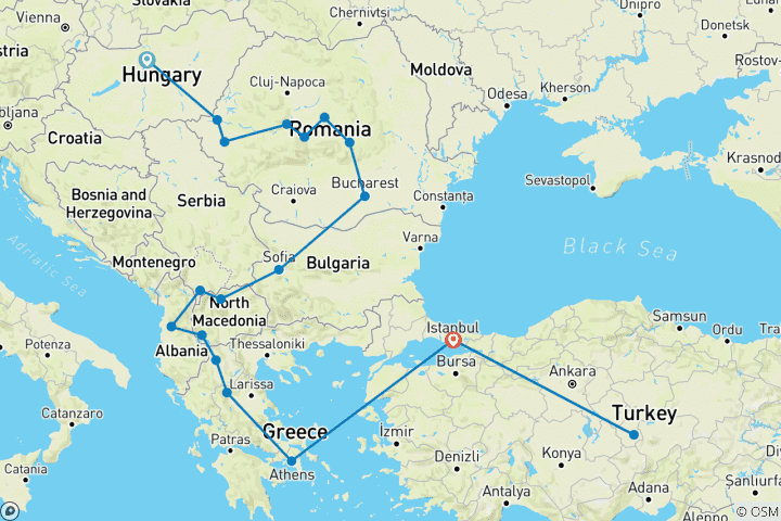 Map of The Grand Balkan Adventure Budapest to Athens & Cappadocia 3FLIGHTS INCLUDED