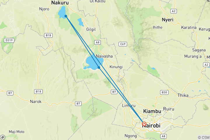 Mapa de Safari en grupo económico de 5 días Masai Mara-Nakuru-Naivasha