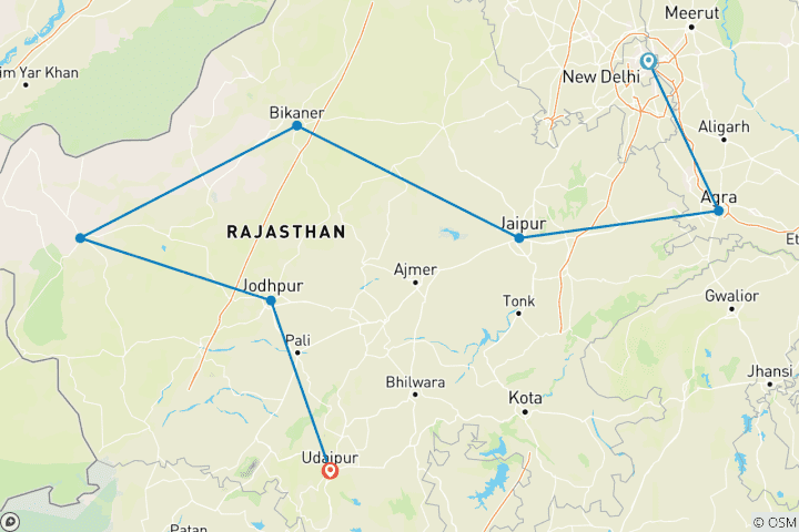 Map of Golden Triangle with Rajasthan 9 Nights / 10 Days