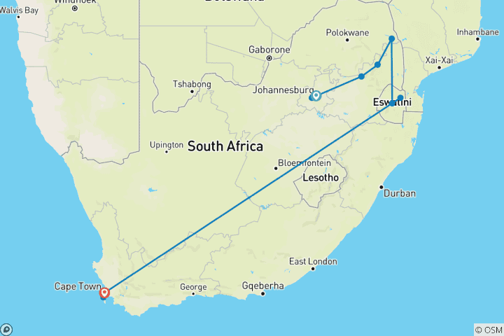 Kaart van Zuid-Afrika Avonturentocht vanuit Johannesburg: Graskop | Blythedale | Kaapstad in 12 dagen