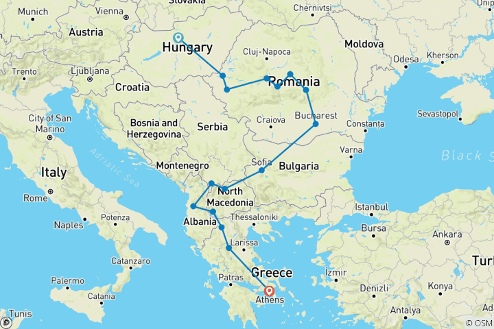 Map of Eastern European Explorations From Budapest to Athens