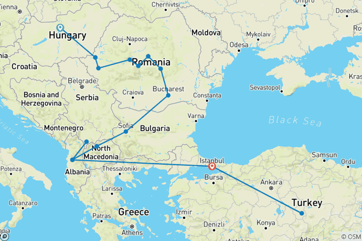 Map of Budapest to Istanbul & Cappadocia via Tirana 12 Days of Discovery 3FLIGHTS INCLUDED