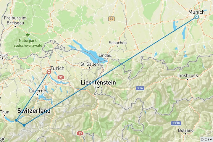 Carte du circuit 7 jours Munich et Zurich avec Grindelwald, Interlaken et Neuschwanstein