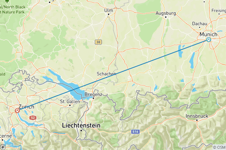 Kaart van 7 Daagse München en Zürich inclusief Grindelwald, Interlaken en Neuschwanstein