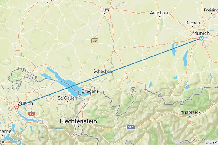 Map of 7 Day Munich And Zurich Including Grindelwald ,Interlaken and Neuschwanstein