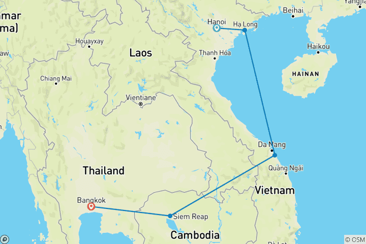 Map of Vietnam, Cambodia and Thailand Tour in 13 days (4-star hotels)