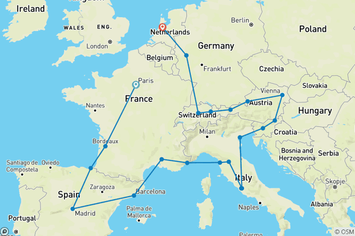 Map of European Grandeur (Classic, Start Paris, End Amsterdam, 27 Days)