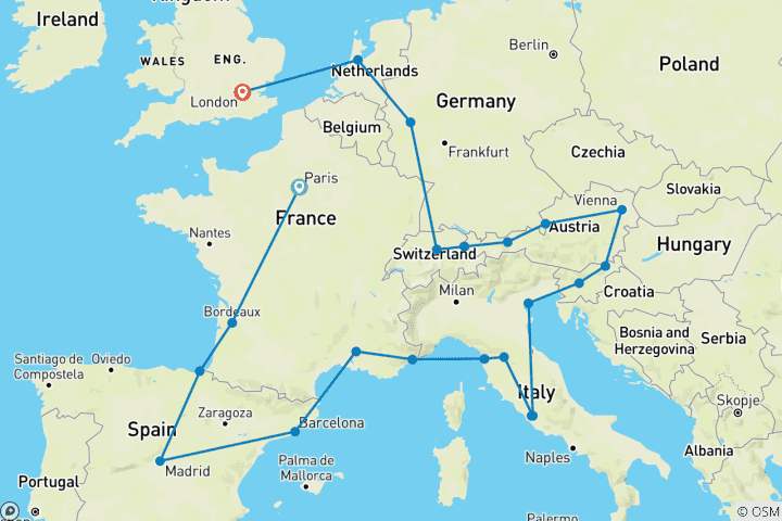 Map of European Grandeur (Small Groups, Start Paris, End London, 27 Days)