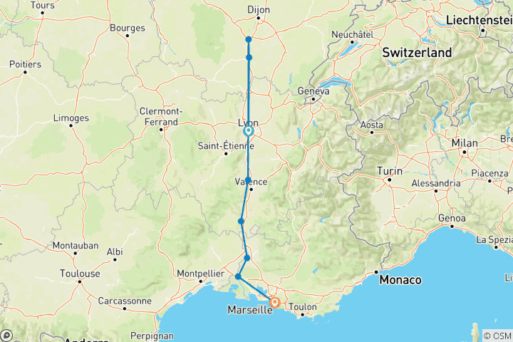 Carte du circuit Sensations de Lyon et de la Provence 2025 - 8 jours (from Lyon to Marseille)