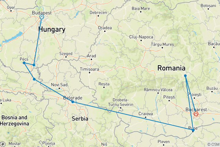 Map of Balkan Adventure with Transylvania Budapest → Bucharest (2026)