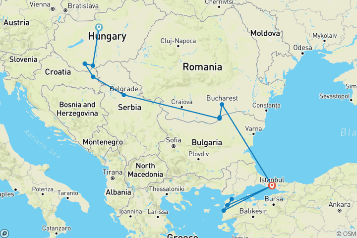 Map of Balkan Adventure with Istanbul and Gallipoli Budapest to Istanbul (2026)