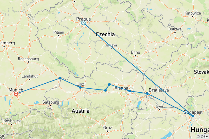 Map of Highlights of the Danube with Prague and Munich Prague to Munich (2026)