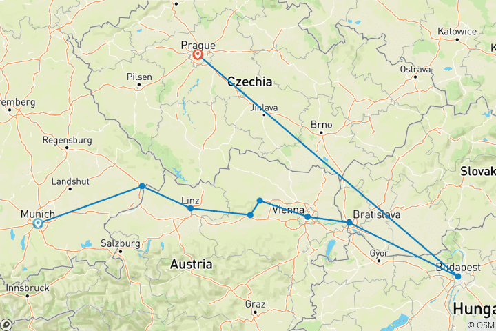 Map of Highlights of the Danube Munich to Prague (2026)