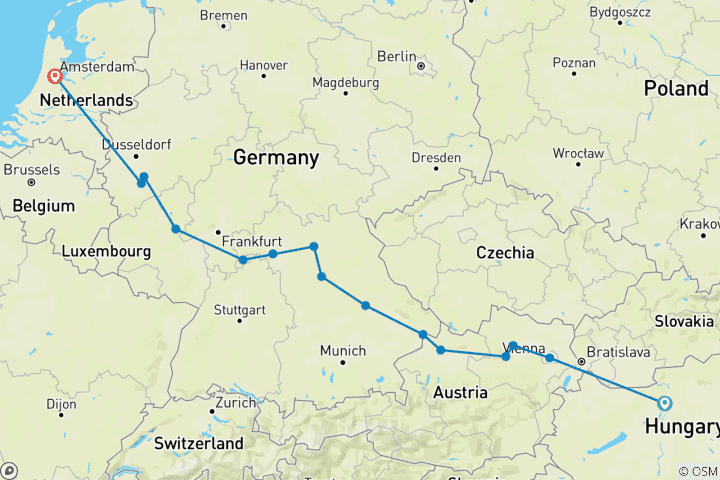 Map of European Gems Budapest → Amsterdam (2026)