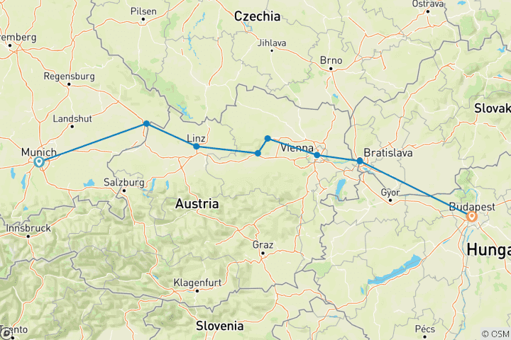 Map of Highlights of the Danube Munich → Budapest (2026)