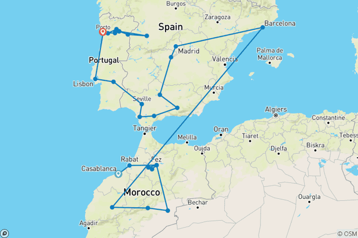 Map of Morocco, Spain and Douro Discovery Casablanca to Porto (2026)