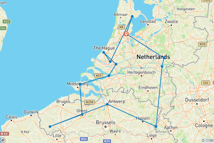 Map of Springtime in the Netherlands and Belgium Amsterdam → Amsterdam (2026)