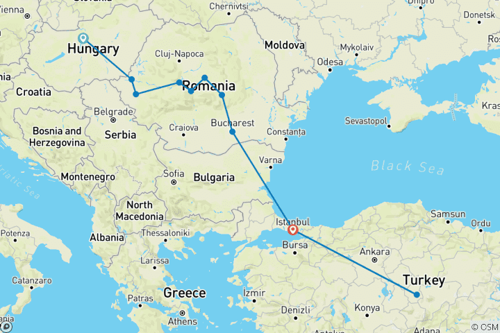 Map of 9 Days from Budapest to Istanbu & Capadocia A Heritage Adventure 3FLIGHTS INCLUDED