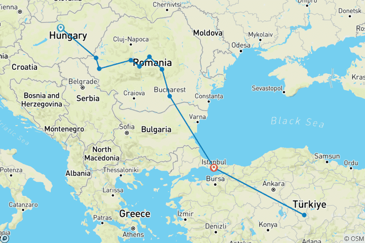 Map of 9 Days from Budapest to Istanbul & Cappadocia A Heritage Adventure 3 FLIGHTS INCLUDED - Small Group Tour