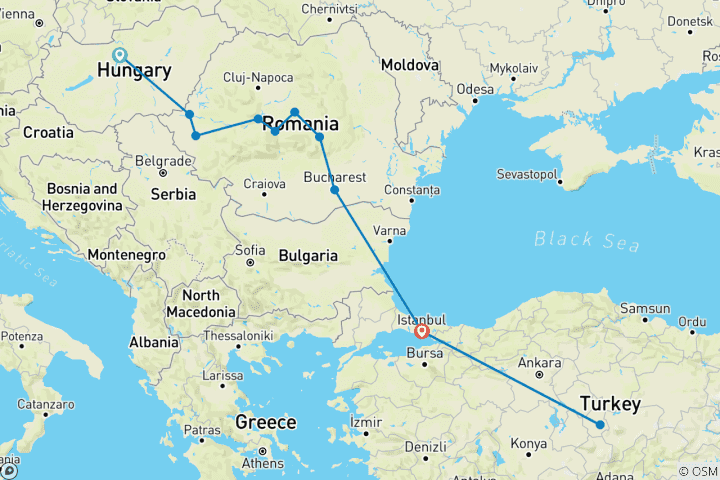 Map of 9 Days from Budapest to Istanbul & Cappadocia A Heritage Adventure 3FLIGHTS INCLUDED