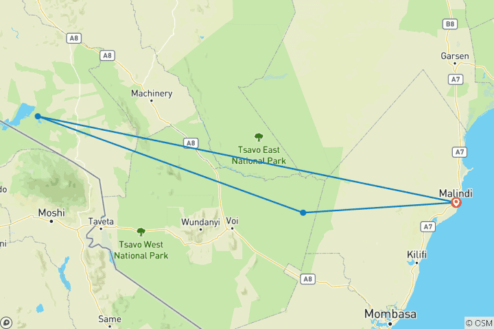 Map of Kenya: Epic of Tsavo West, Amboseli and Tsavo East from Malindi