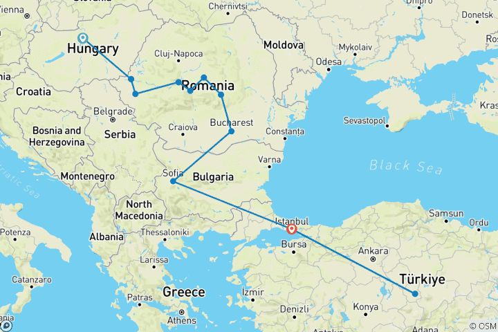 Map of 11 Days from Budapest to Istanbul & Cappadocia Via Bucharest, Sofia 3 FLIGHTS INCLUDED - Small Group Tour