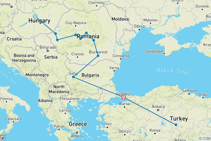 Map of 11 Days from Budapest to Istanbul & Capadocia Via Bucharest,Sofia 3FLIGHTS INCLUDED