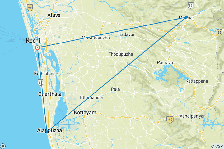 Map of From Cochin: Munnar and Alleppey 4-Day Tour with Houseboat