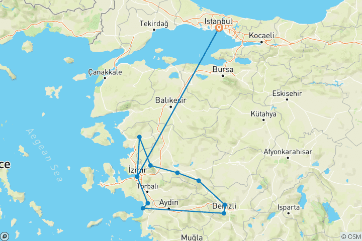 Map of Biblical Seven Churches of Turkey Tour in 4 Days