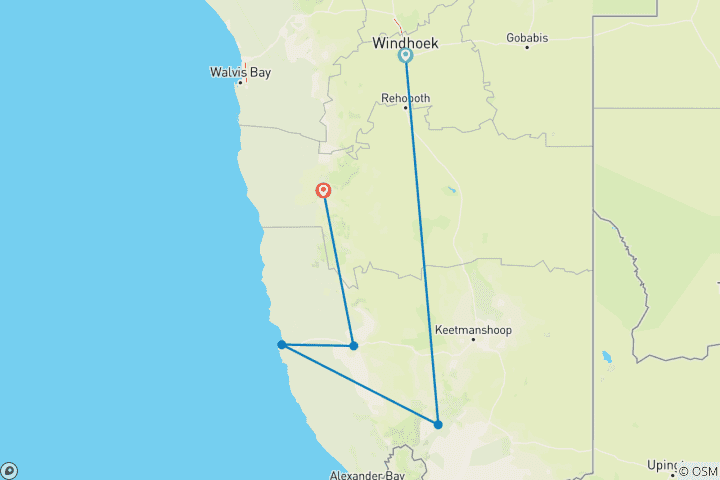 Map of Namibia : Southern Namibia Adventure Camping Tour, 7 Days