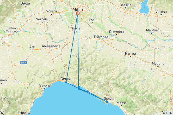 Carte du circuit Lumières de la ville et curiosités de la côte : Milan et la Ligurie