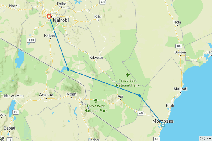 Map of Kenya: 5-Day Mombasa/Tsavo East/Tsavo West/Amboseli/Nairobi