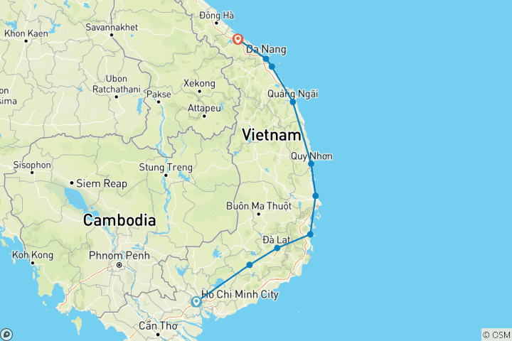 Map of Saigon to Hue E-Bike Adventure: 13 Days from Modern to Ancient Vietnam