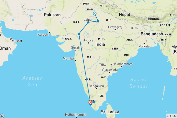 Map of Rajasthan and Kerala Tour