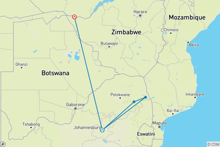 Map of Explore Kruger & Victoria Falls Tour from Johannesburg in 9 days