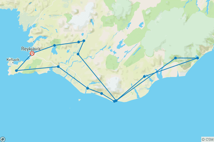 Map of 5-Day Northern Lights Hunt & Glacier Lagoon Tour