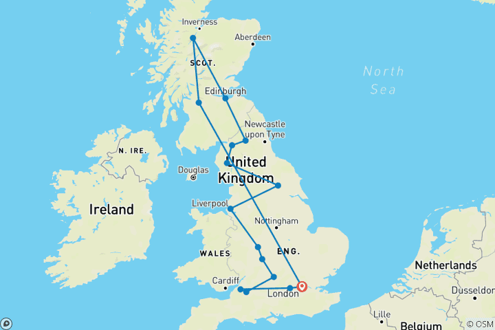 Carte du circuit Angleterre et Écosse (27-35 ans, fin de Londres)