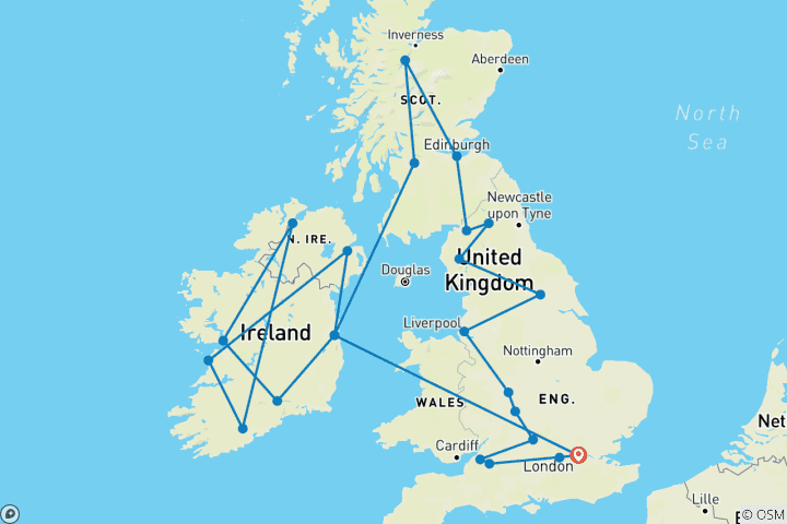 Mapa de Reunión Gran Bretaña e Irlanda 35 a 45 (Sólo disponible para antiguos viajeros Contiki, Reunión)
