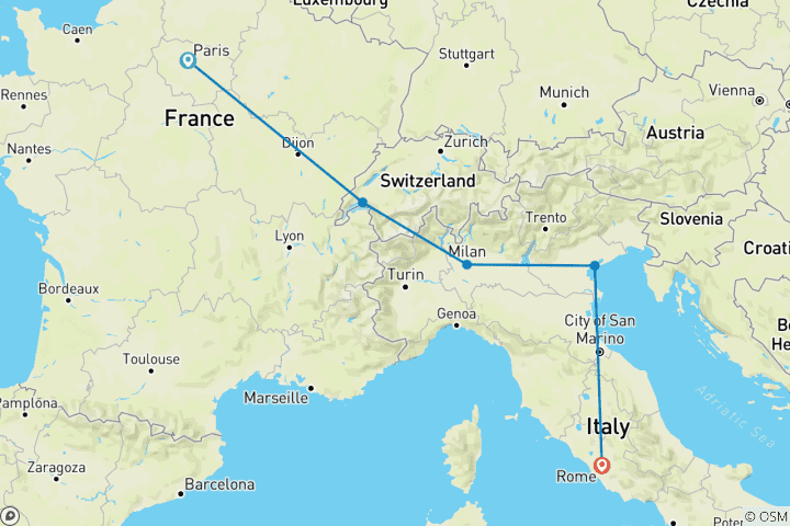 Map of Paris to Rome by Train (Classic, Winter, 9 Days)