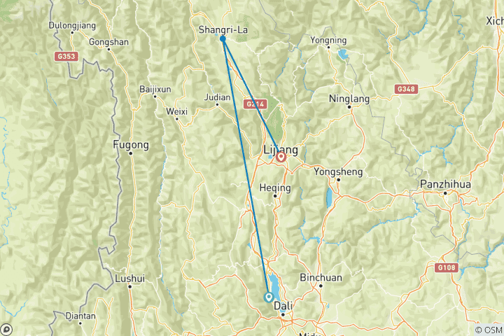 Map of Yunan:  Dali, Shangri-La, Lijiang Light Hiking Mini Group Tour 7D