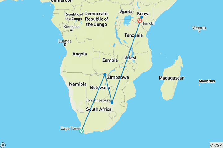 Map of HISTORIAN'S CAPE TOWN, VICTORIA FALLS & KENYA