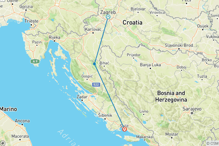 Map of Coast Express - Croatian Gateway Zagreb to Split