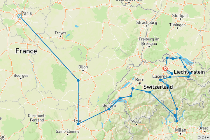 Map of France and Swiss Alps Tour from Paris in 13 days