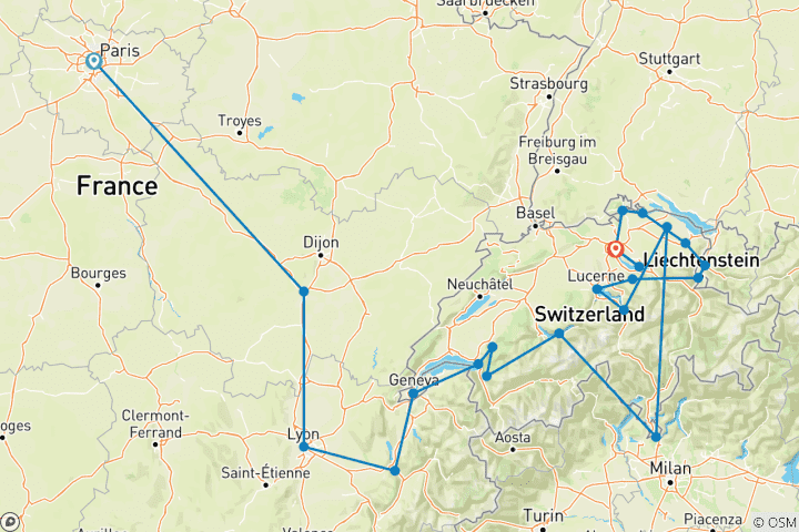 Karte von Frankreich und Schweizer Alpen Tour ab Paris in 11 Tagen