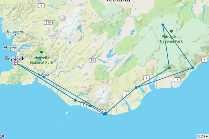 Map of Iceland 4-Day Adventure: Ice Cave, Glacier Lagoon & Northern Lights with 4-Star Hotel Stay