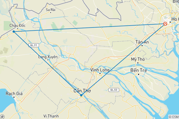 Carte du circuit L'enchantement du delta du Mékong en 3 jours : Cai Be- Can Tho- Chau Doc - Ho Chi Minh