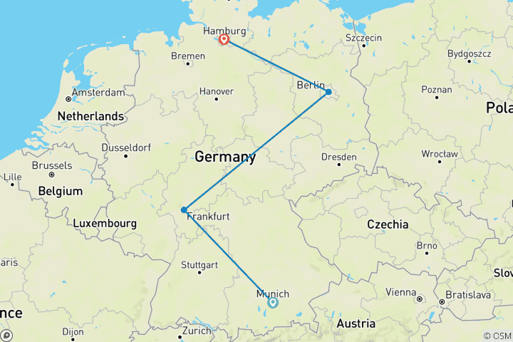 Map of 9 Day Germany By Train-Munich, Frankfurt, Berlin And Hamburg