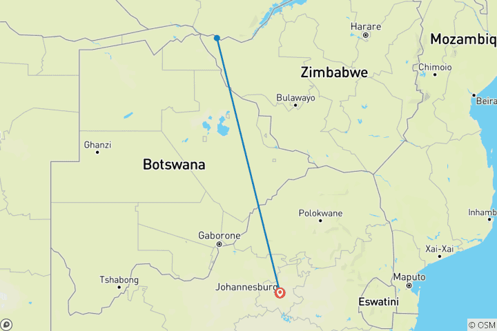 Map of 3 Day Victoria Falls Tour from Johanensburg