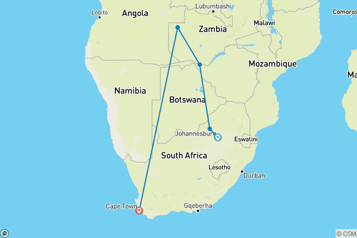 Carte du circuit 【Afrique du Sud, Zambie et Zimbabwe】 Circuit de 10 jours avec le parc national de Pilanesberg et les chutes Victoria