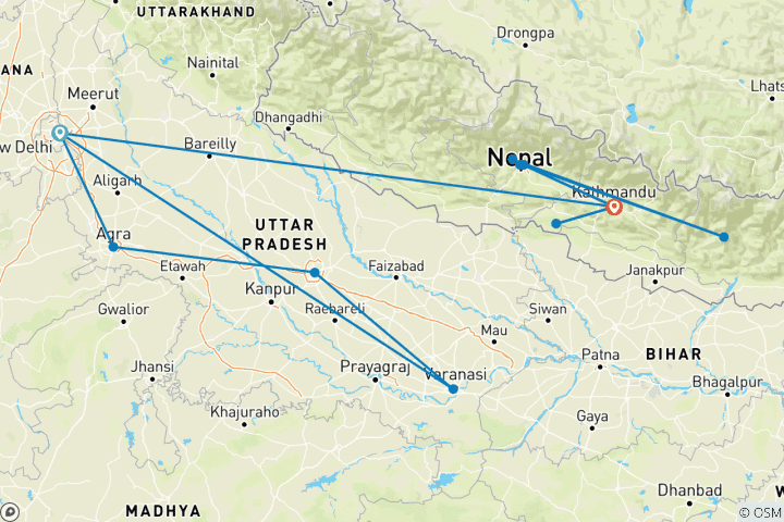 Map of Delhi to Kathmandu Quest (With Nepal Trek Challenge, 17 Days, Air Price Delhi To Kathmandu)